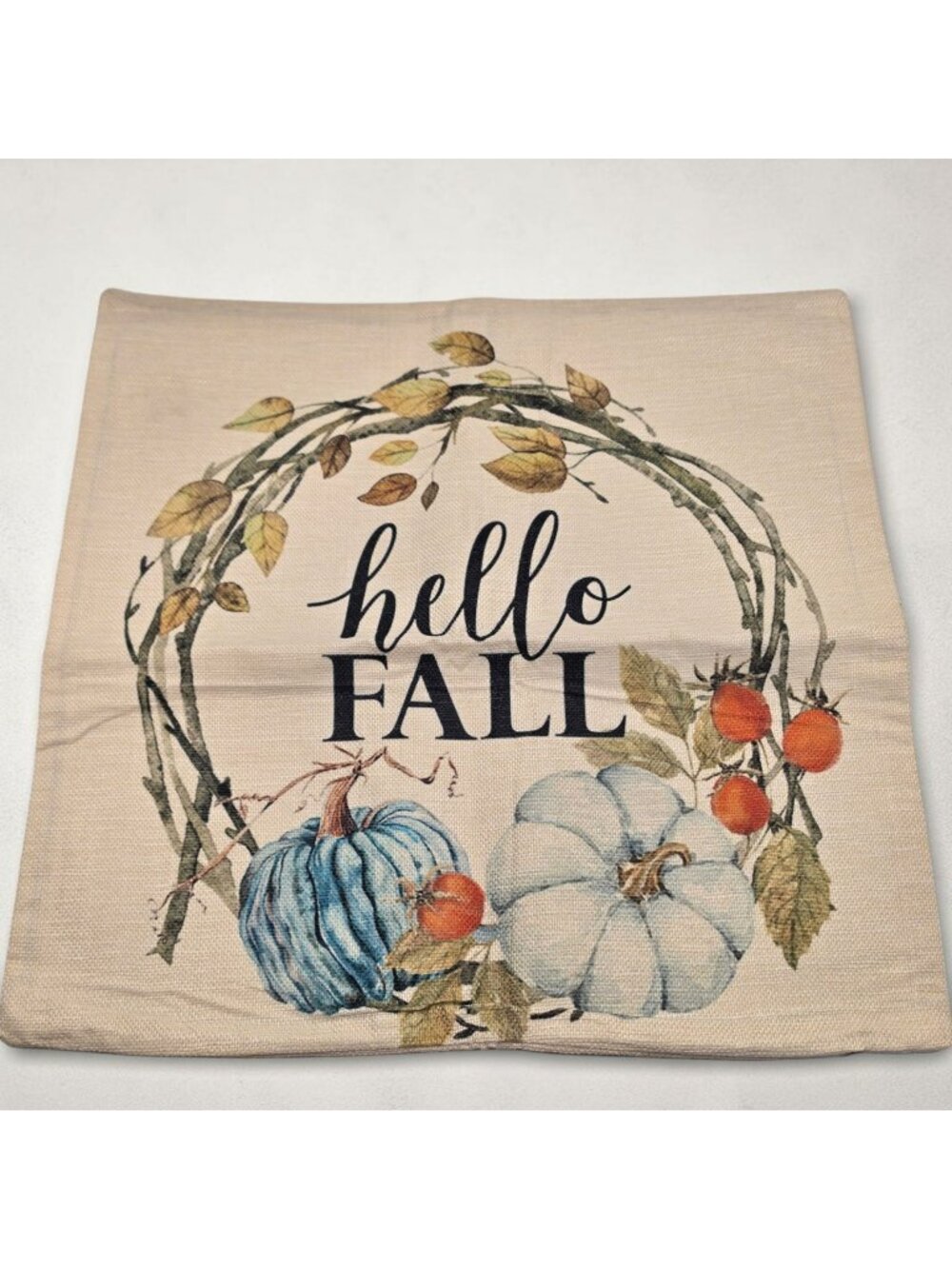 Hello Fall Decorative Throw Pillow Cover Pumpkins Leaves 17x18 Inches Beige